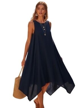 For Cynthia Navy Linen Lagenlook Asymmetrical Coastal Dress L